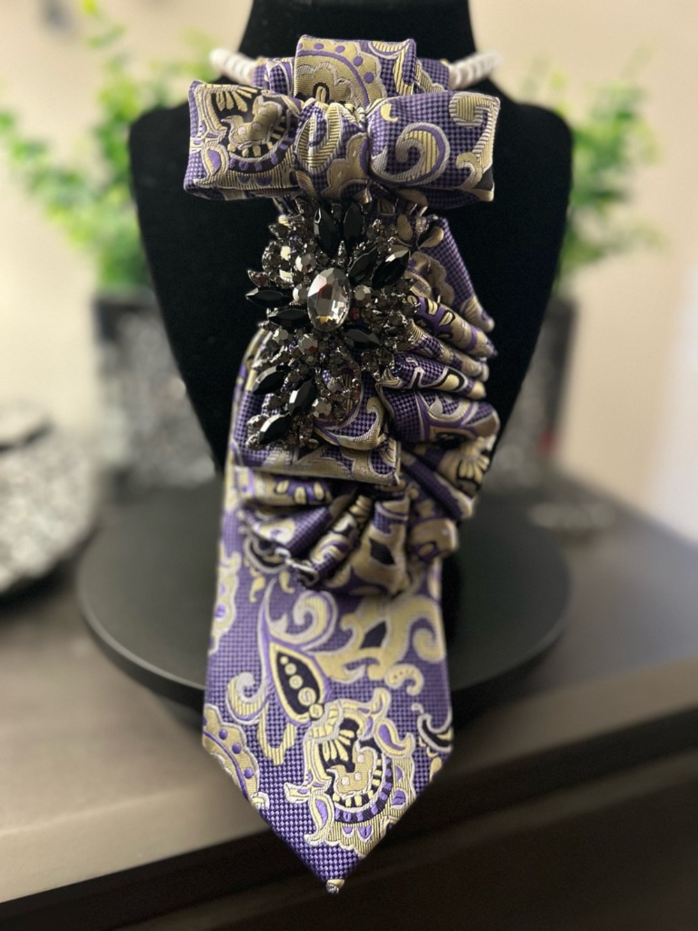 Elegant Purple Paisley Statement Neck Scarf with Crystal Brooch